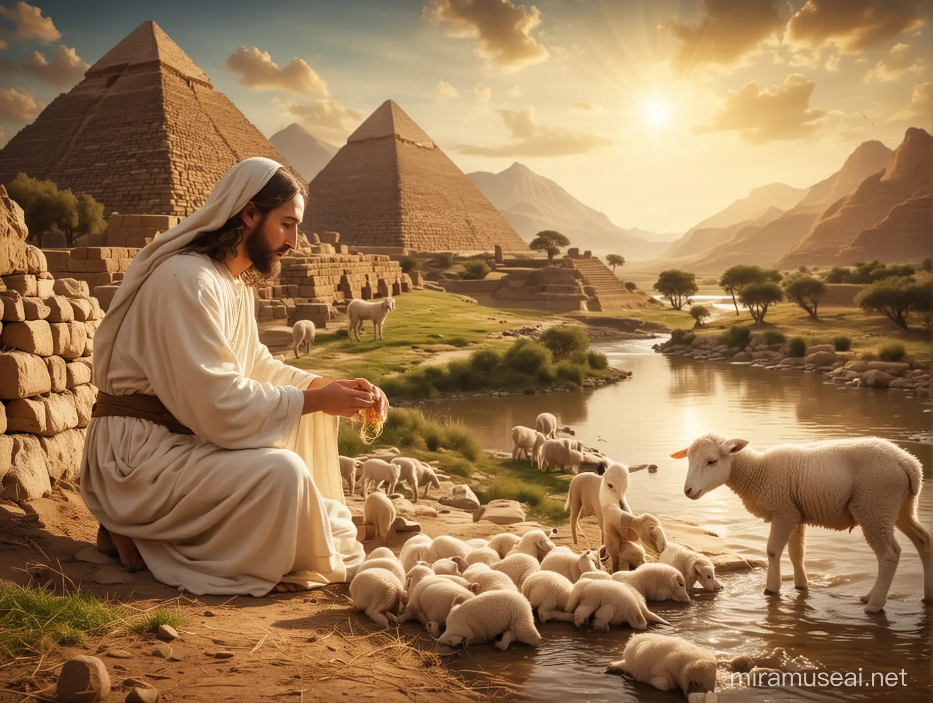 Touching Scene of Jesus as a Child Nurturing a Lamb with a Serene River and Pyramids in the Background