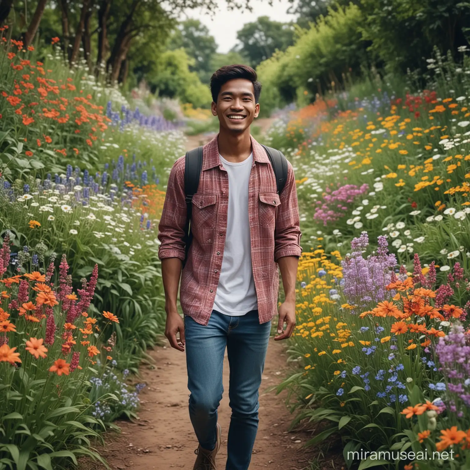 Young Indonesian Man Strolling Along Wildflower Garden Path
