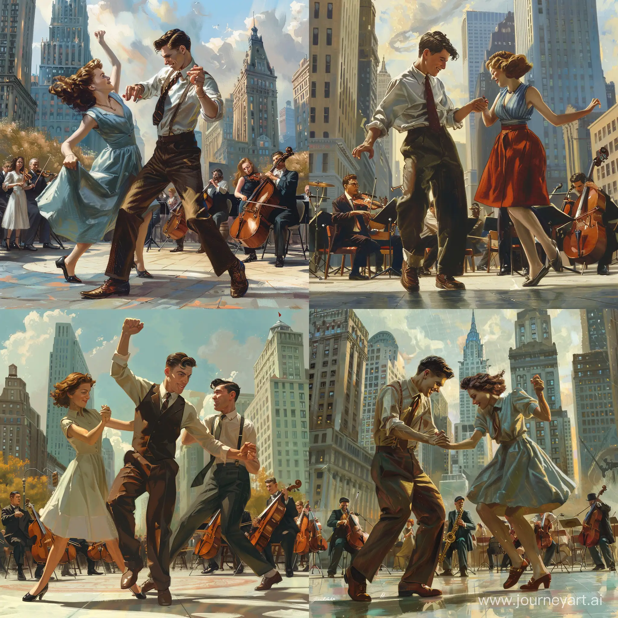 Реалистичное изображение  парня двадцати пяти лет и девушки двадцати лет,  которые танцую линди хоп на городской площади.  Парень и девушка делают движение swing out. На заднем фоне, недалеко от танцующей пары,  играет джазовый оркестр.