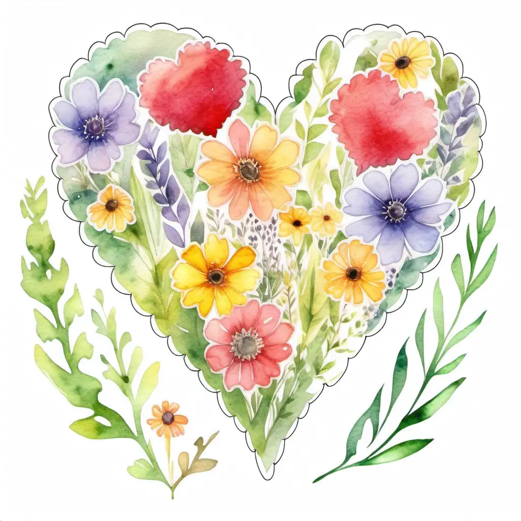 Scalloped Heart watercolor clipart with wild flowers inside on white background