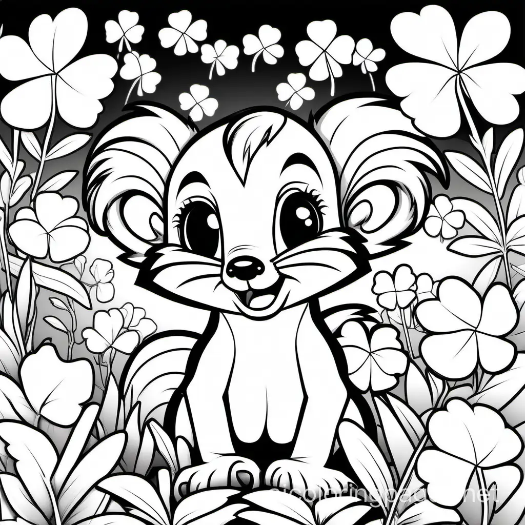 skunk in clover, Coloring Page, black and white, line art, white background, Simplicity, Ample White Space. The background of the coloring page is plain white to make it easy for young children to color within the lines. The outlines of all the subjects are easy to distinguish, making it simple for kids to color without too much difficulty