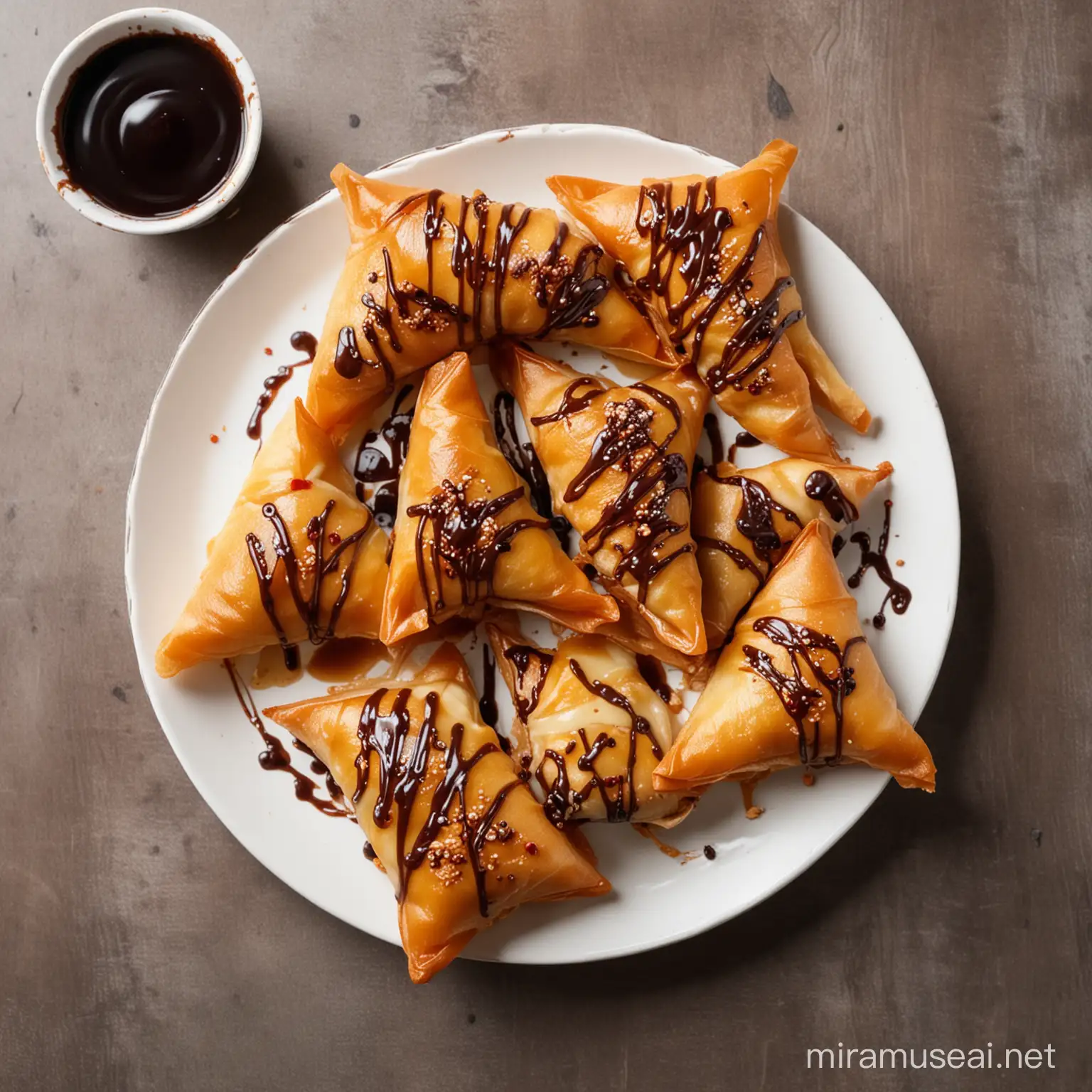 Pictures of a triangular shaped Camote turon with toppings of chocolate syrup