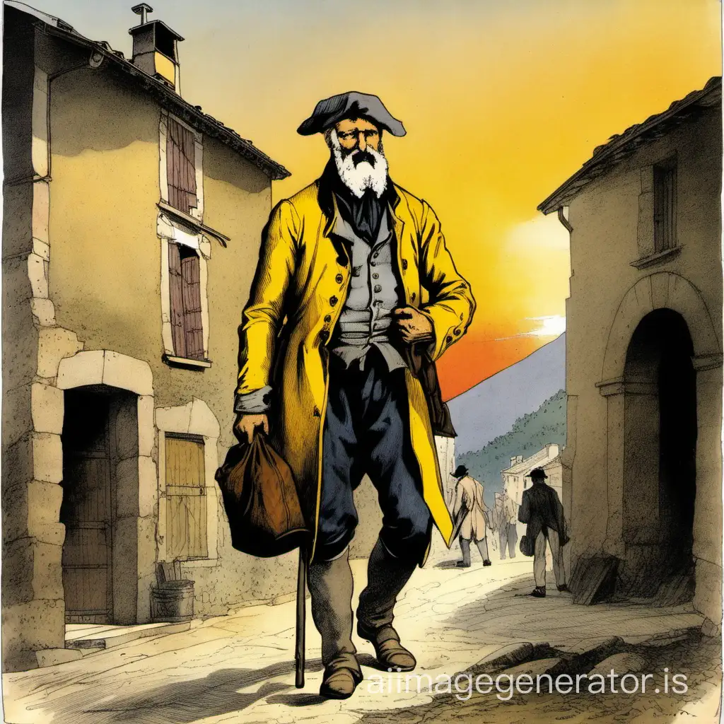 Jean Valjean arriving at Digne Les Bains. Sunset, June 1815. Heavy-set man, medium height, roughly fifty years old. Bald, with a long grey beard. Wears grey coat, with patches on it. Yellow shirt, coarse tissue. Leather cap on the head. Holds big gnarly staff. Wears a large bag.