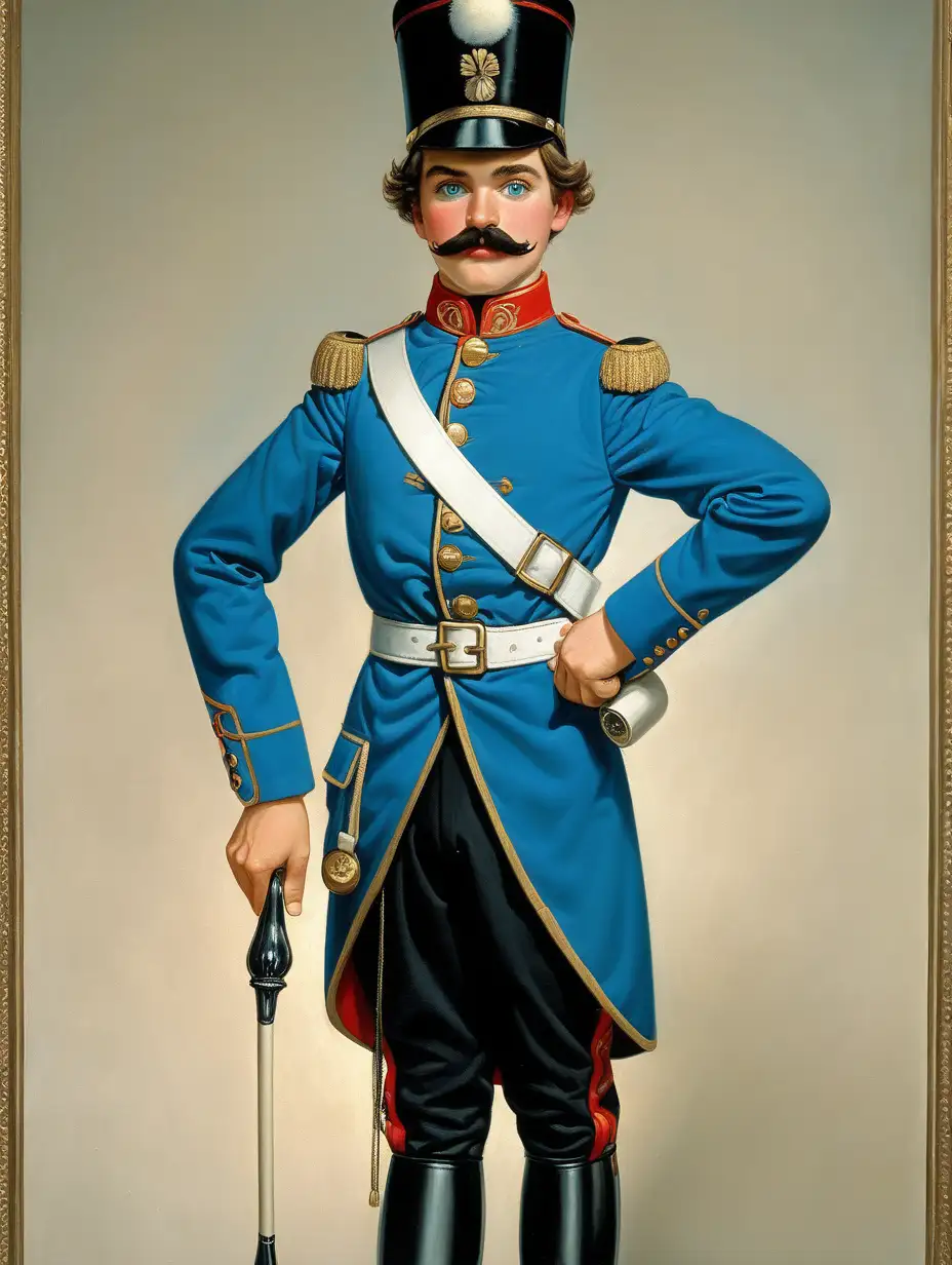 Tin soldier with one leg only, Black mustaches, Black hat, 20 years old, pretty face blue eyes