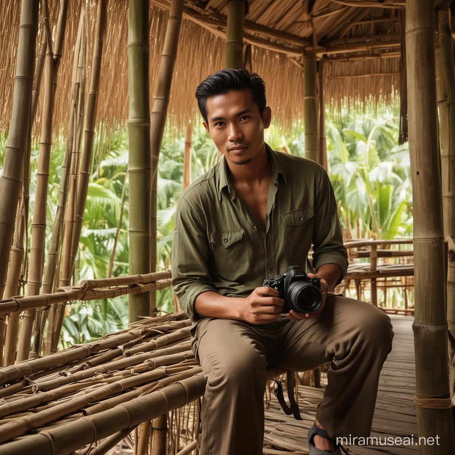 Photo grafer seorang lelaki indonesia tampan di pondok bambu.