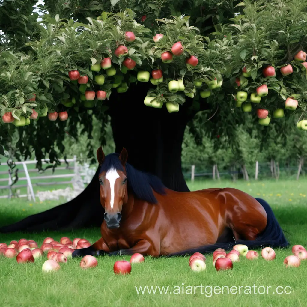 конь лежит под яблоней с яблоками
