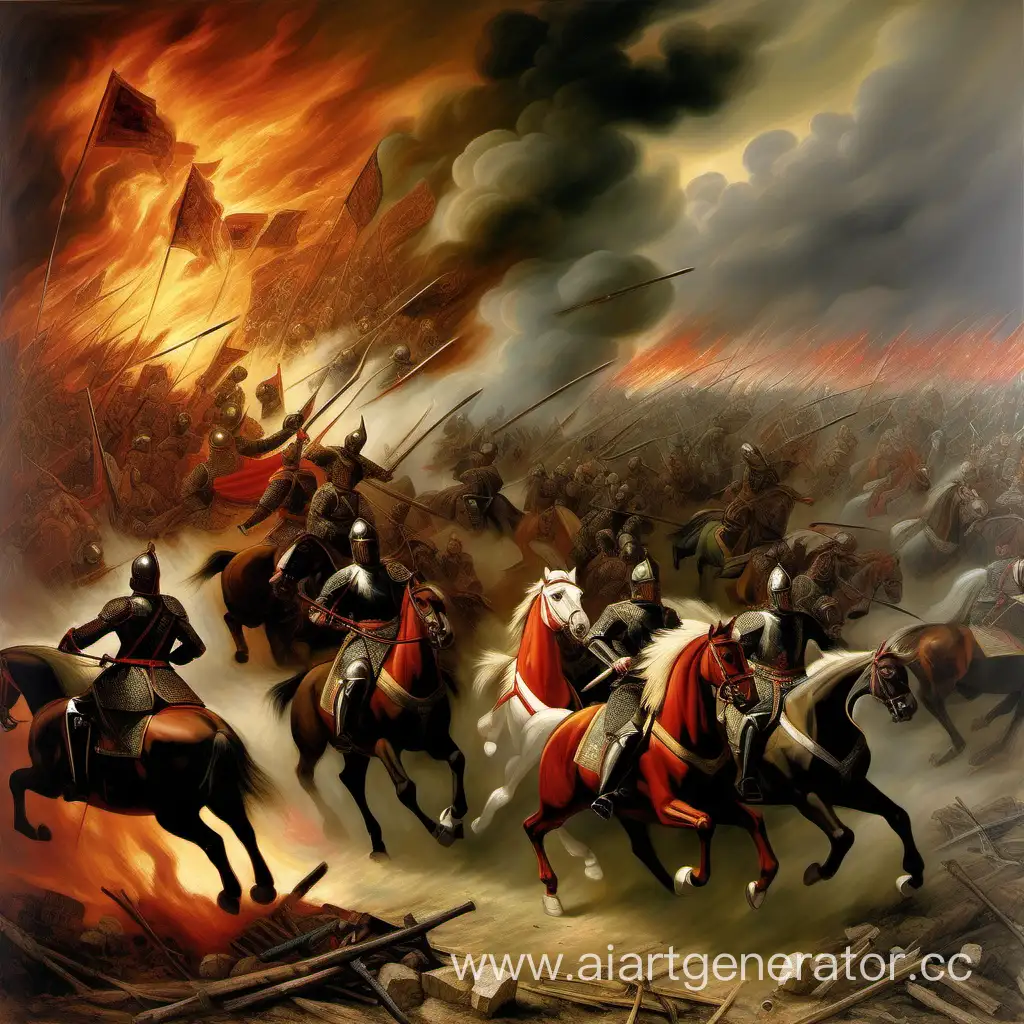 In the paintings created in the style of historical painting, a colorful battlefield in the remote regions of the Russian Empire and China unfolds before us. The sky is filled with heavy clouds, illuminated by the last rays of the setting sun, which creates an atmosphere of tension and uncertainty.  In the foreground, the artist has depicted the cavalry of the Russians and Chinese in a fierce conflict. Horses rush forward, knights holding swords and shaft weapons. Swirls of dust rise from the hooves, creating a dynamic and dramatic effect.  One part of the painting reflects the blaze of flames emanating from the burning settlements in the distance. This symbolizes the destruction and suffering that inevitably accompanies war.  A colorful landscape can be seen in the distance that witnesses the tragedy. The green hills and the river, illuminated by the last rays of the sun, create a contrast to the brutality of the battle, emphasizing the beauty of nature disturbed by the human passion for war.  Thus, the painting conveys the tension, chaos and suffering characteristic of war events, while retaining elements of the beauty of nature, which emphasizes the absurdity of the human lust for conflict.