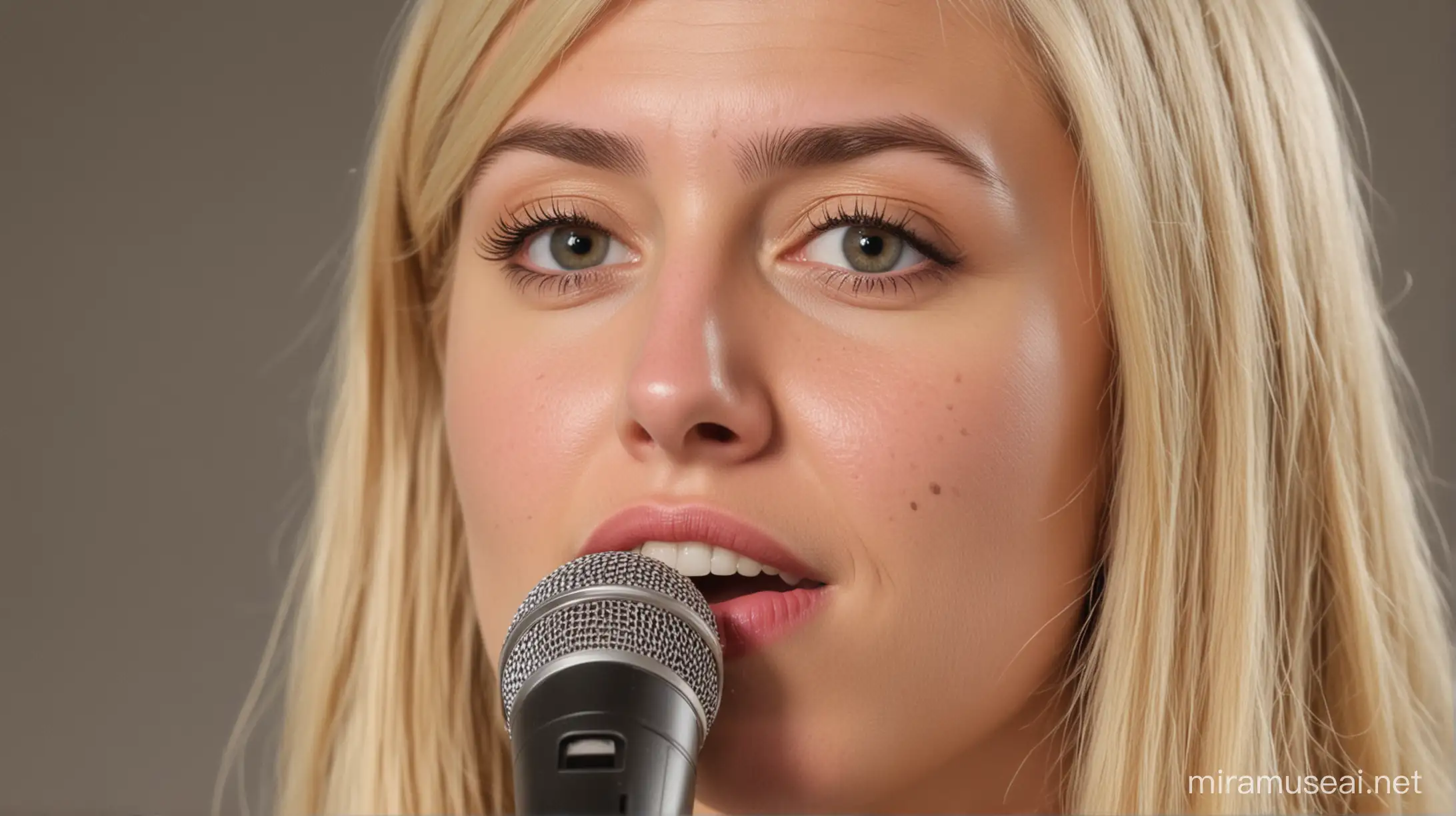 Young Blonde Woman Speaking into Microphone with CloseUp View