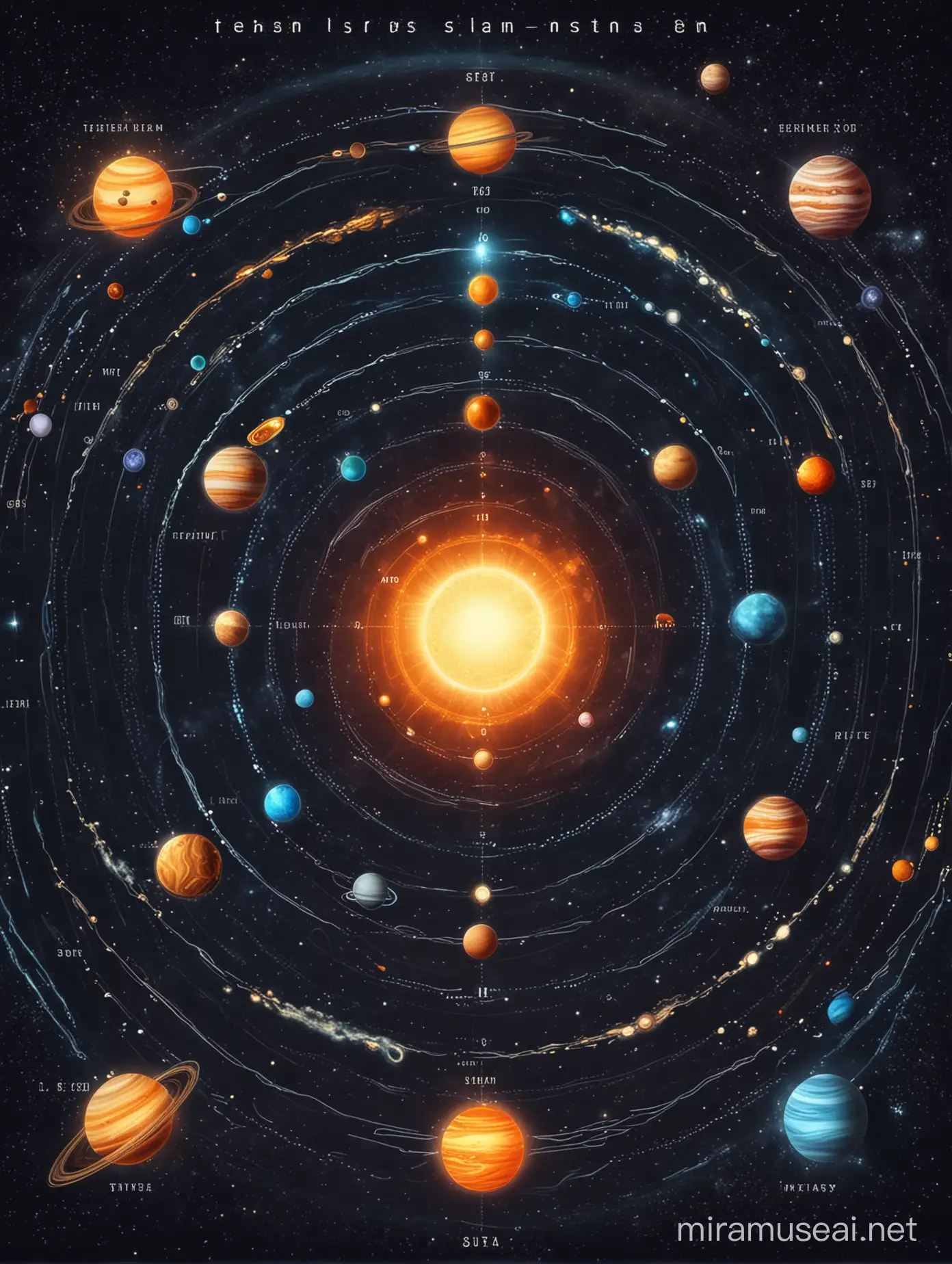 Map of a fantasy solar system with one star and ten planets. Futuristic style