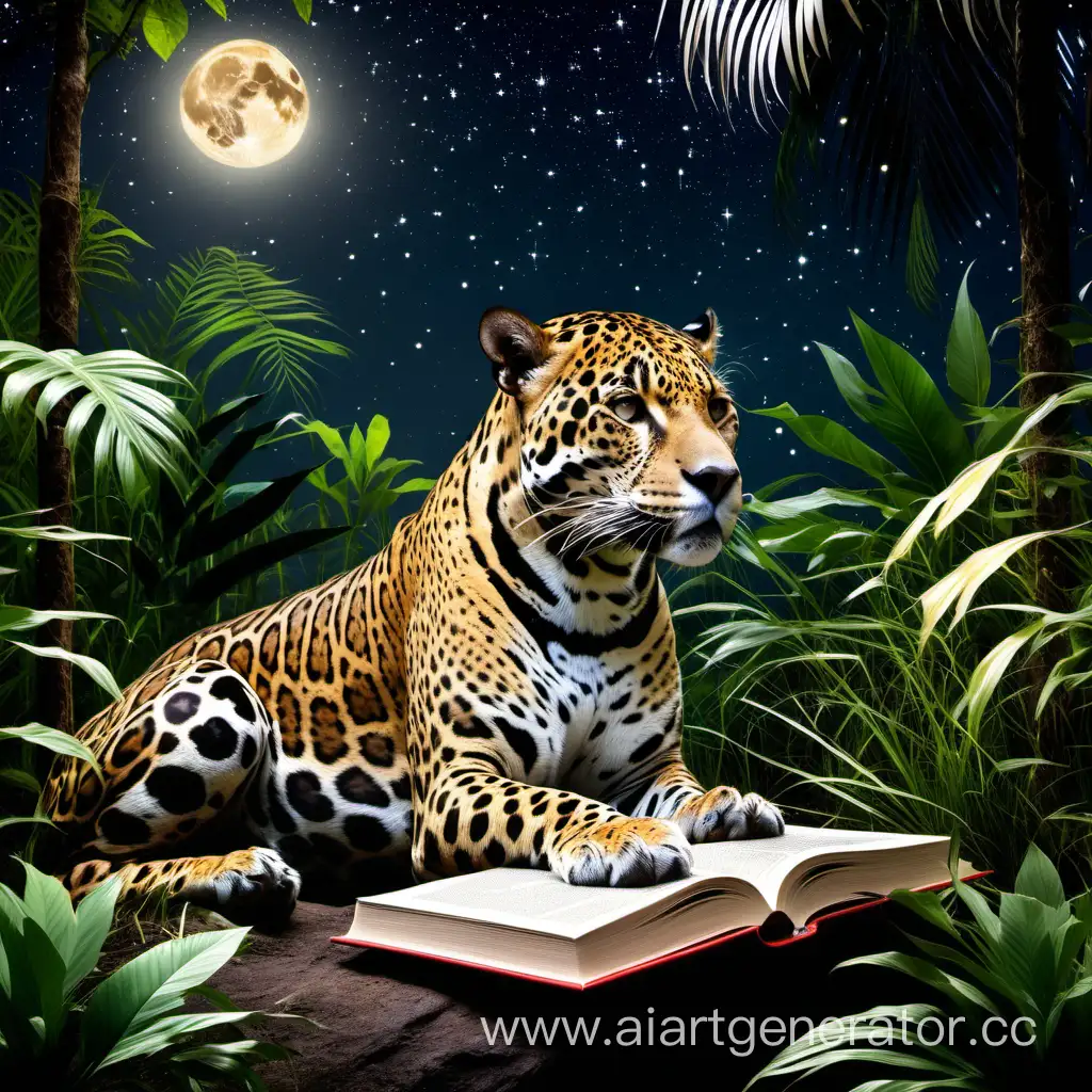 ягуар в джунглях под звездами читающий книгу
