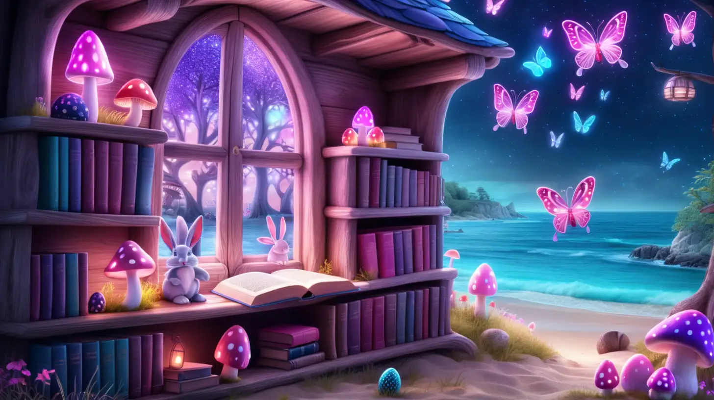 magical bookshelves magical -glowing with purple-blue-pink-red-glowing-mushrooms. Fairytale-magical trees in front of ocean shore and butterflies. Bright -fairytale cottage with cute-real-pink-rabbits and easter eggs