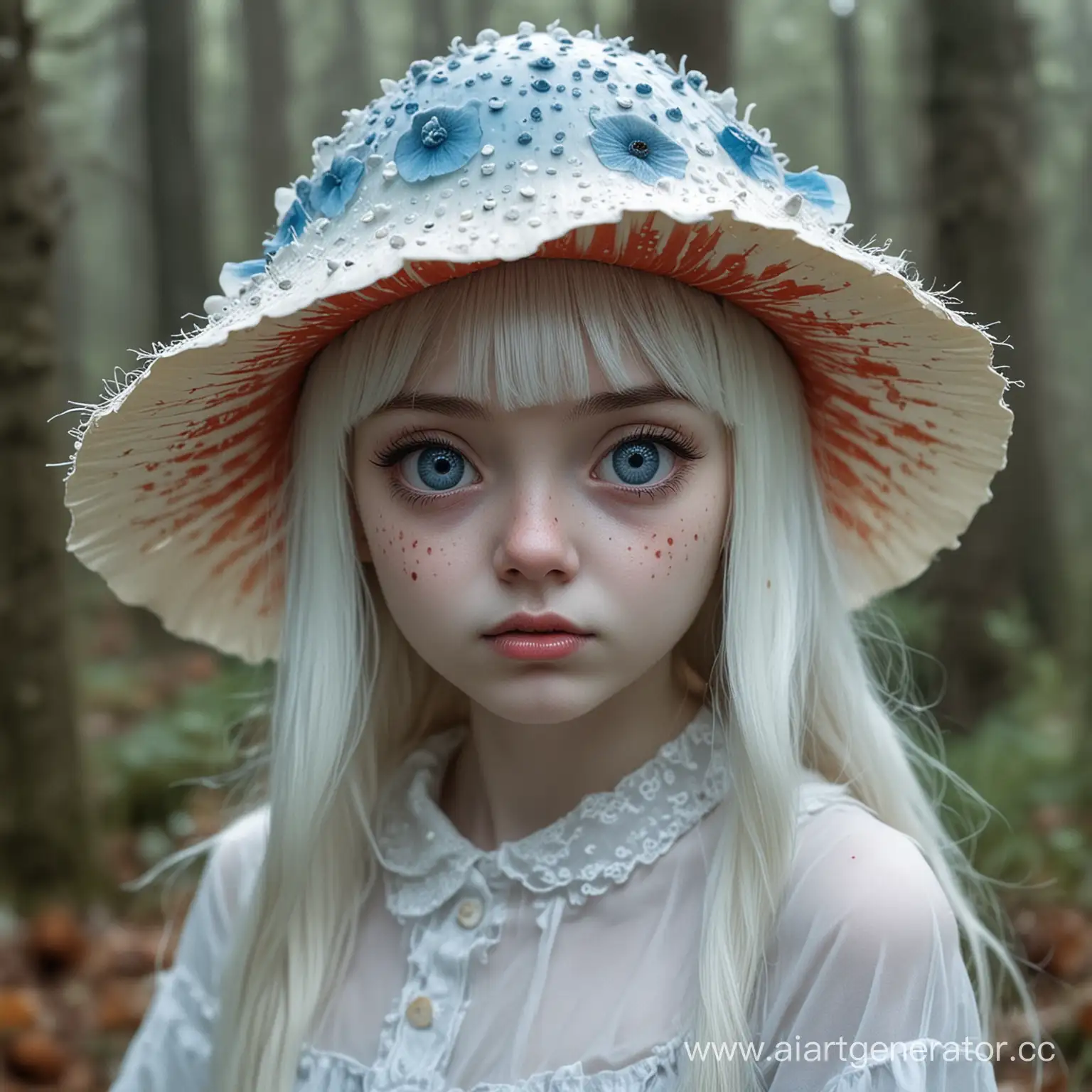 Девушка призрак с кожей белого цвета и подтеками, у нее шляпа в виде гриба мухомора голубого цвета и глазами вместо пятен мухомора . Лицо белое тоже с подтеками, глаза пустые прозрачные. 