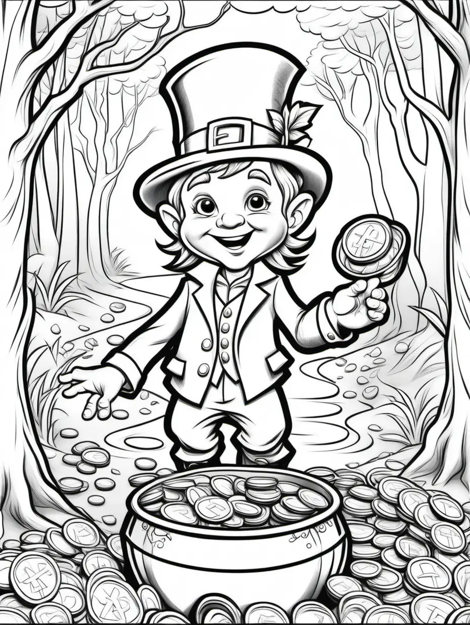 /imagine coloring pages for kids, leprechauns hiding gold coins, cartoon style, thick lines, low detail, no shading, black and white - - ar 85:110