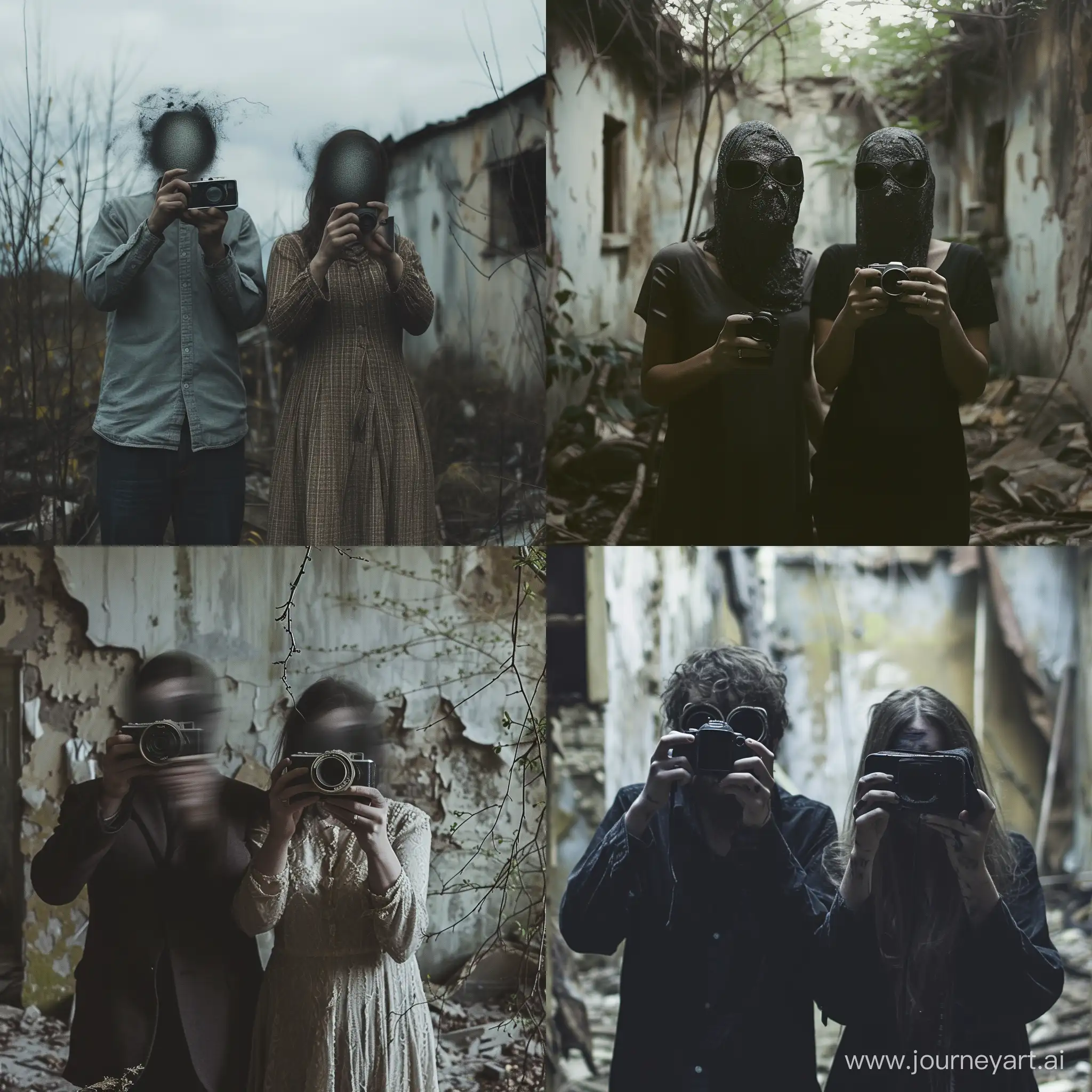 A strange husband and wife with blurry faces taking pictures in an abandoned environment