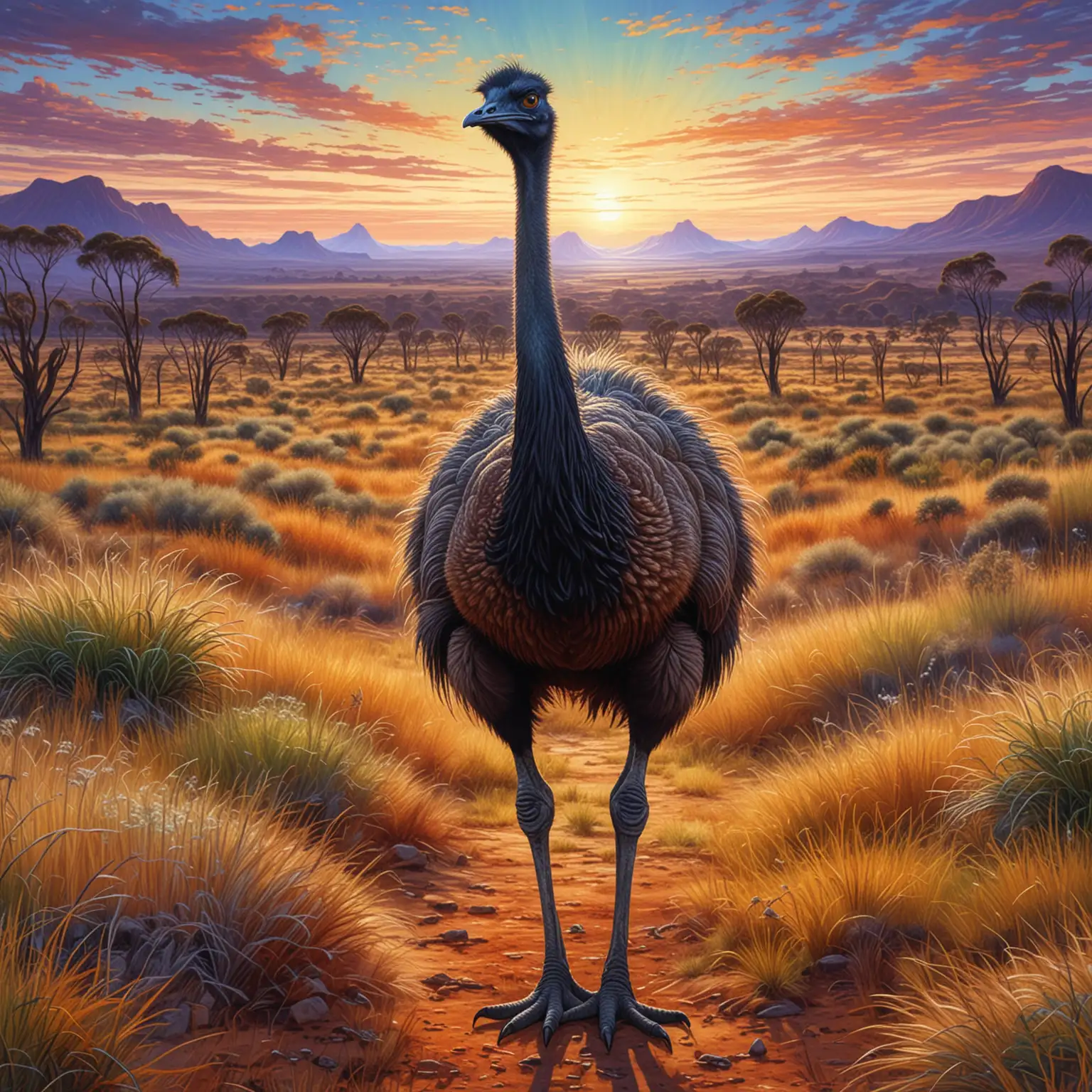 illustration,  neuronalen Stiltransfer, hintergrund : Australien
Emu: Ein stattlicher Emu, der durch die Grasländer Australiens streift, seinen langen Hals und seine kräftigen Beine in voller Pracht zeigt. Sein dunkles Federkleid und sein stolzer Blick machen ihn zu einem Symbol der australischen Wildnis.