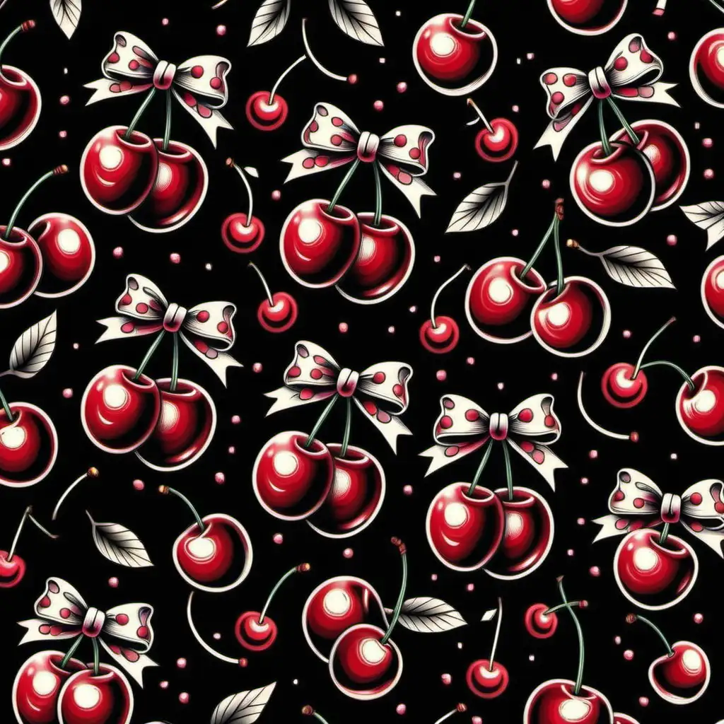 Vintage Tattoo Design with Cherries and Bows on Black Background