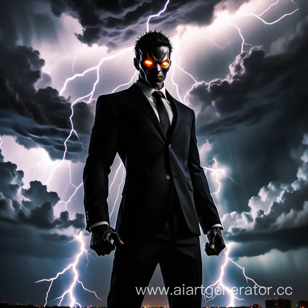 Персонаж в черном костюме, со светящимися глазами, на фоне молний и грозовых облаков