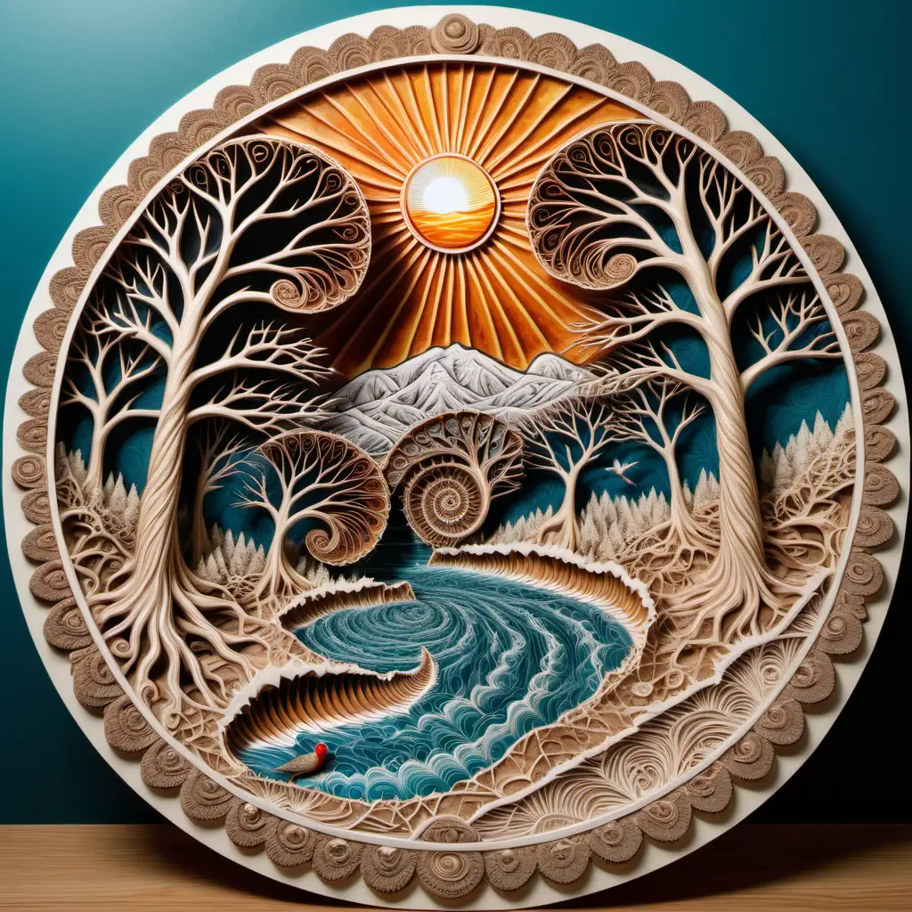 Multilayered , highly detailed , husband killing his wife, amonite fossil and birds on the top of a mountain with flowing waters and detailed trees, oval mandala, sun