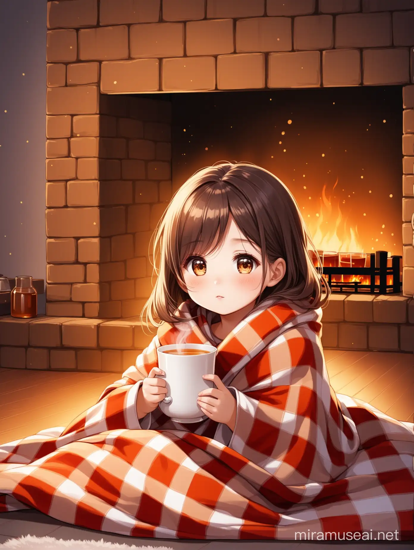 a little girl, wrapped in a checkered blanket, drinks hot tea and looks at the fireplace