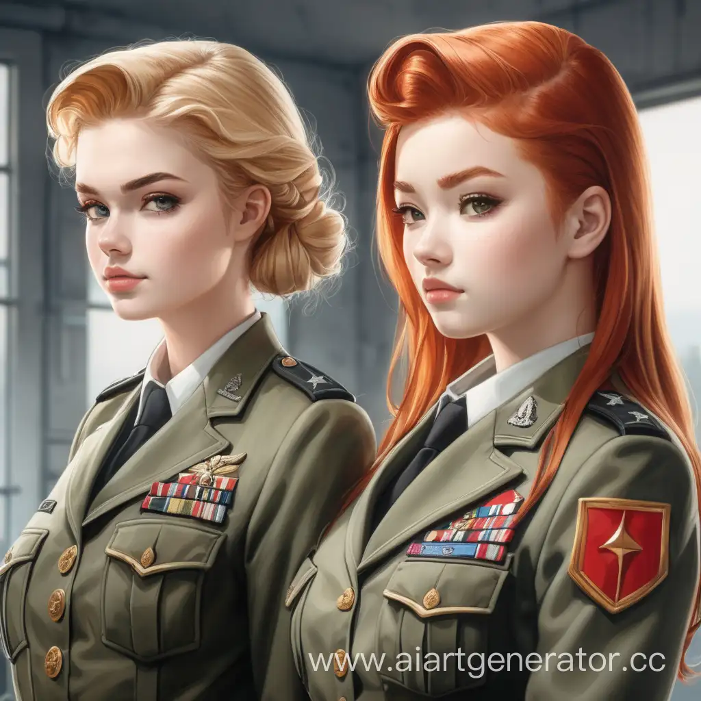 две девушки блондинка и рыжая в военной форме