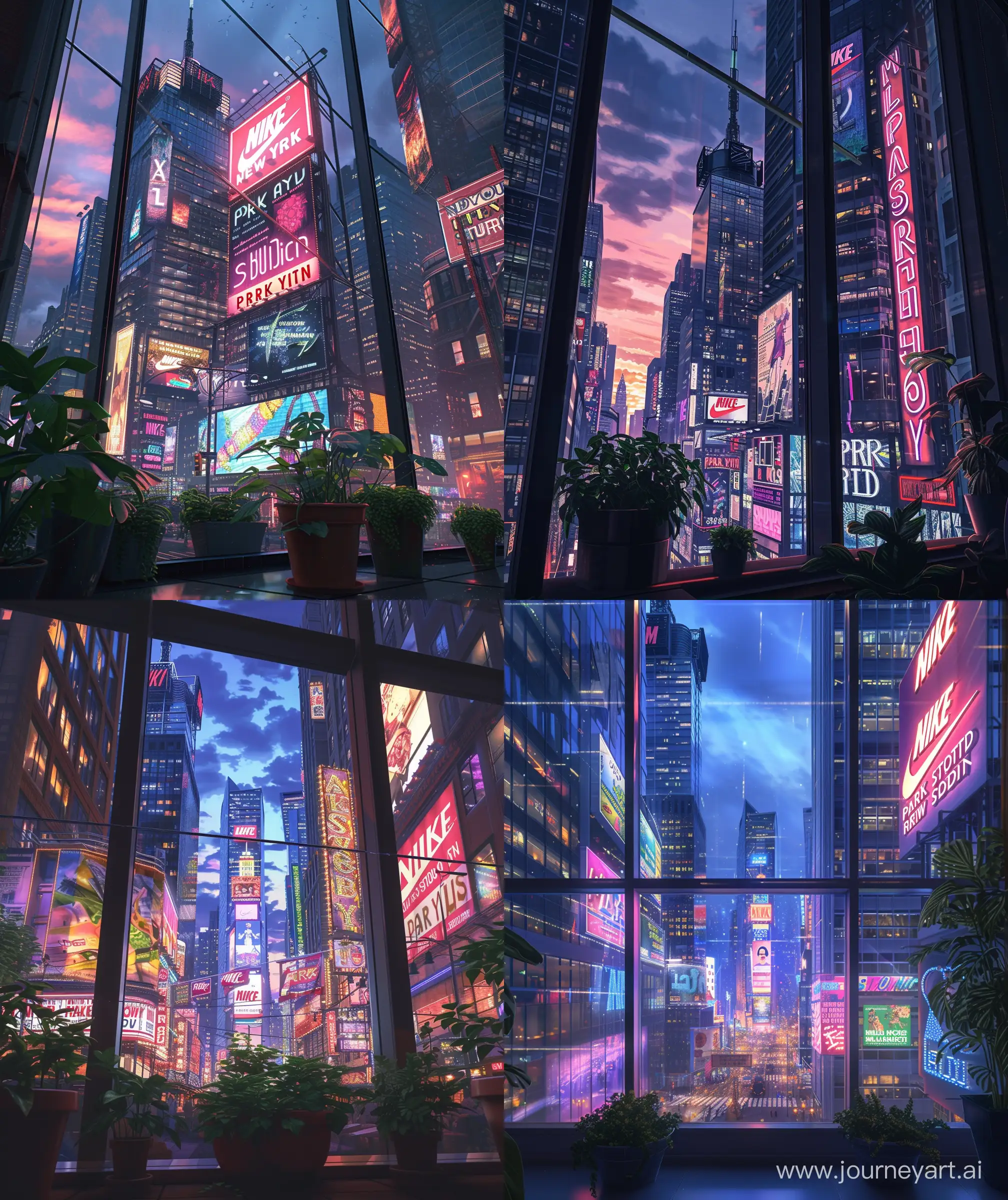 Anime scenes, view from big glass window, potted plant around window, main focus view of newyork city concrete jungle, urban High rise building, evening time, lights on building, verious neon sign banner like " fashion studio", "Nike sign", "park Avenue", ultra HD, high quality, urban look, vibrant sky, ultra HD, high quality sharp details --ar 27:32 --v 6.0
