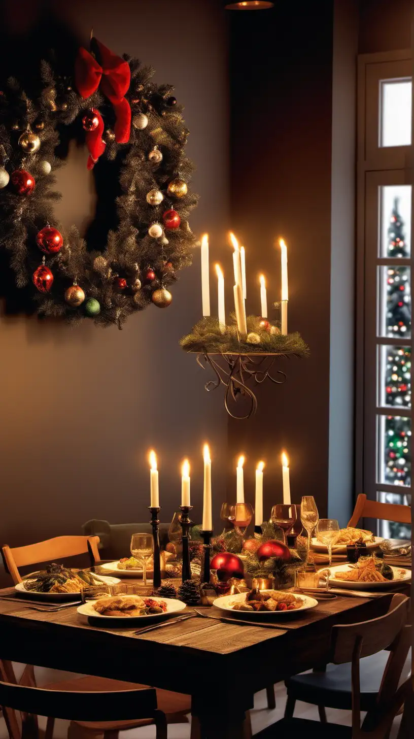 Create Christmas Evening poster show cosy home with few candles on the table and with 12 meals on the table
