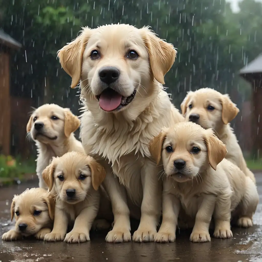 Sad Mother Dog Comforting Puppies in Rainstorm