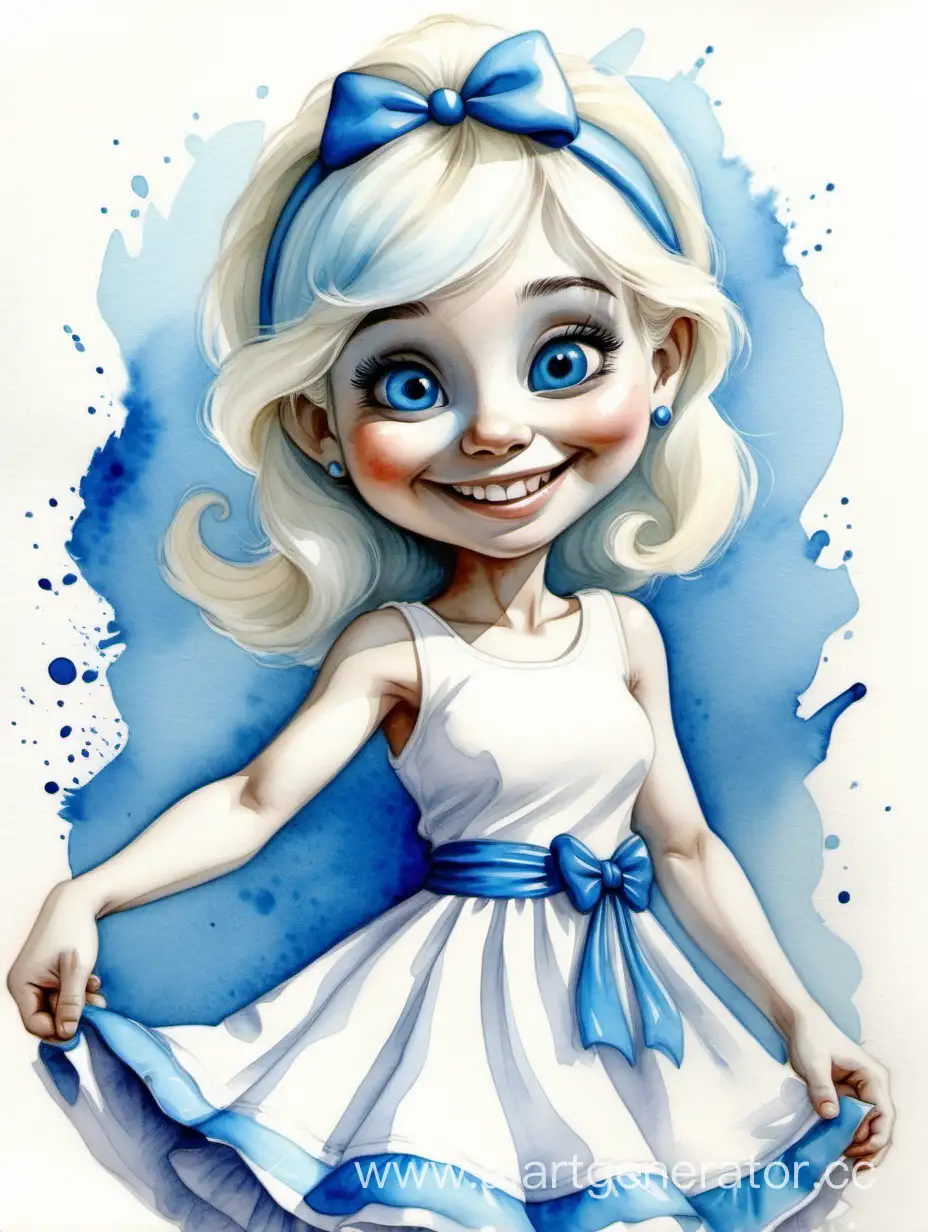 Watercolor, cute Smurfette blue blonde, smile, in a white dress, high detailing, detailed drawing