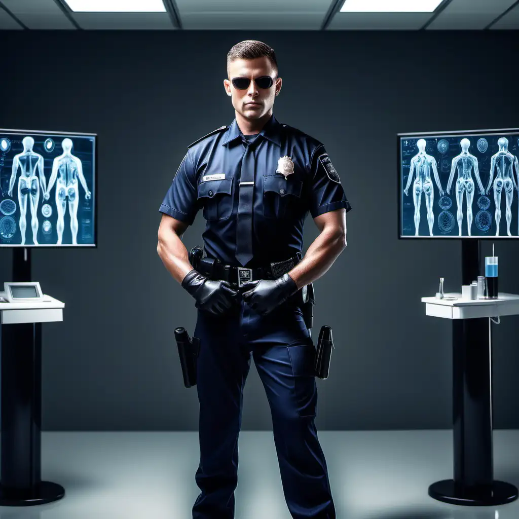 Confident Police Officer in Futuristic Medical Exam Room