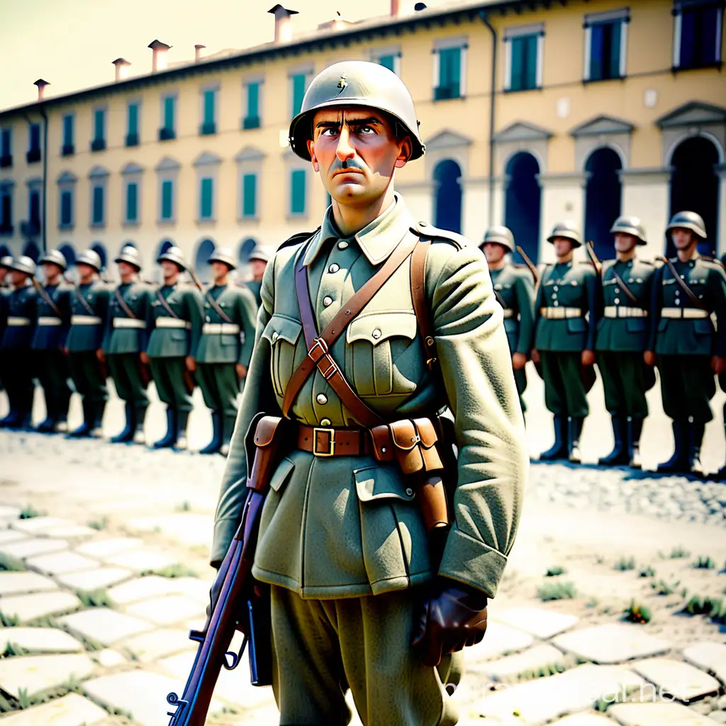 An Italian World War 2 soldier standing at attention with his rifle at his side