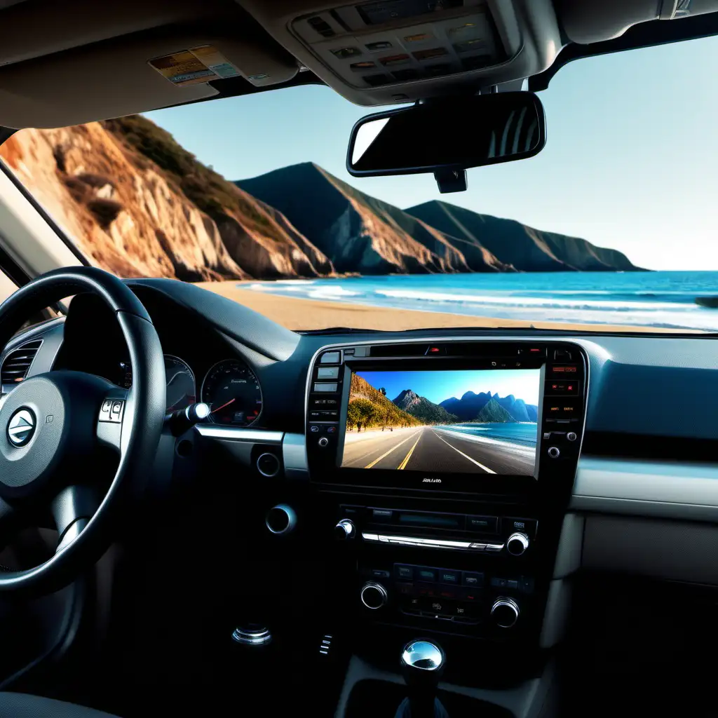 Create a picture of the car interior, dashboard with DAIKO car stereo and a beach mountain road in the window