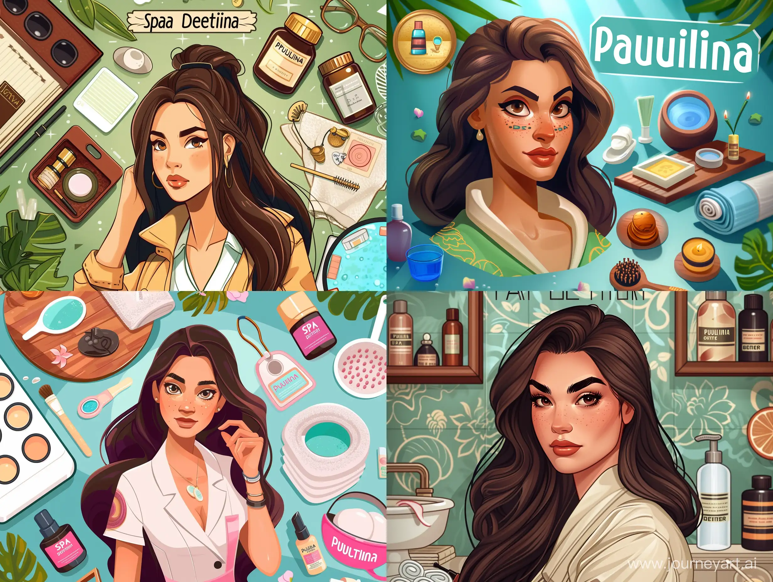 "Create a cover image for an interactive Instagram game called 'spa Detective.' The main character is a brunette detective with long hair named Paulina. Include objects on the image that clearly indicate it's a detective game focused on spa."