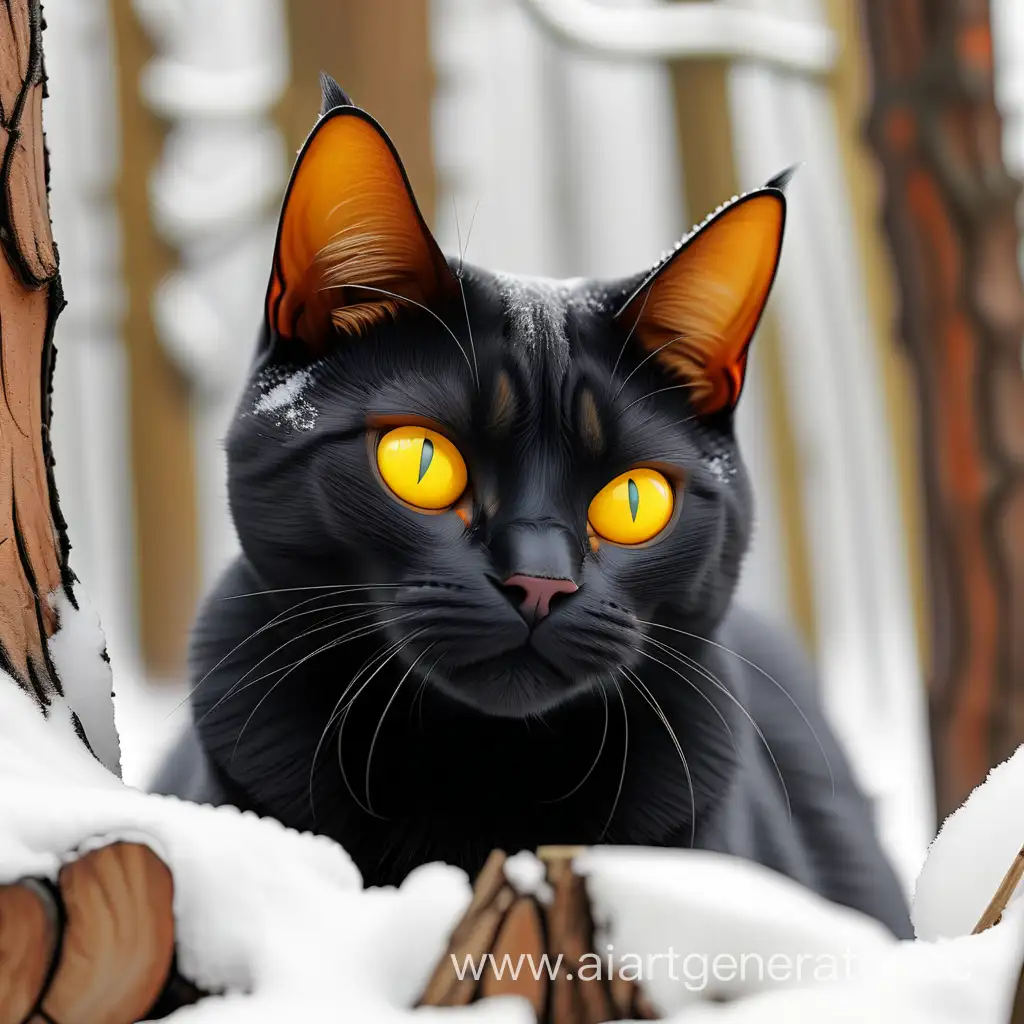 Черная кошка с жёлто оранжевыми глазами британская кошка с лежачими ушами без ушей в лесу на дереве зимой в снегу