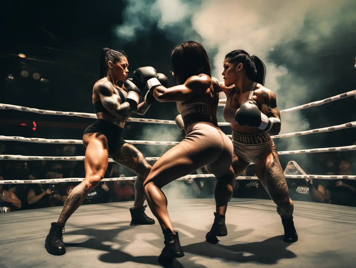 two extremely muscular tattooed female bodybuilders, 1 of them black and the other hispanic, boxing in a ring inside a crowded smoke filled arena