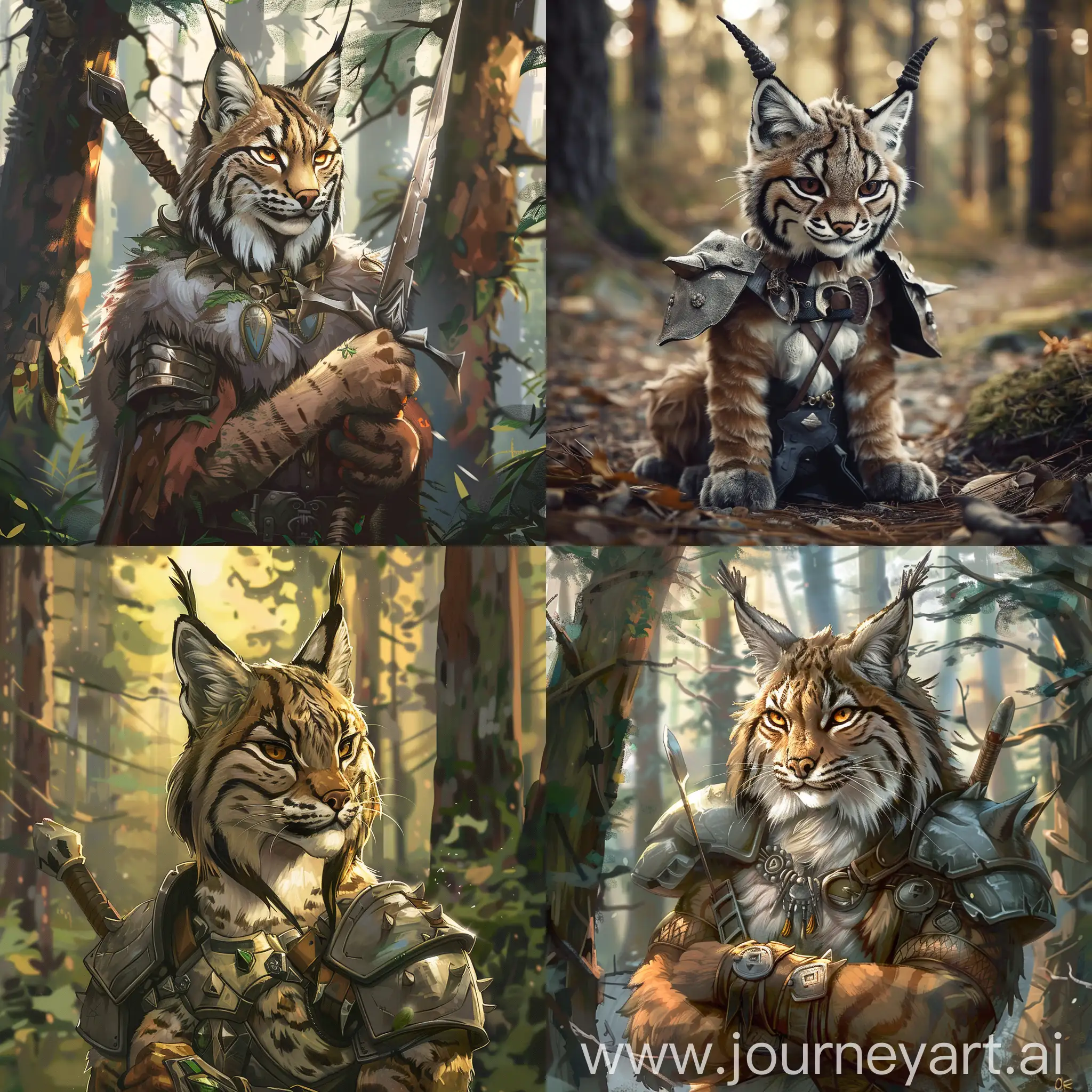 cute lynx fantasy warrior in the forest