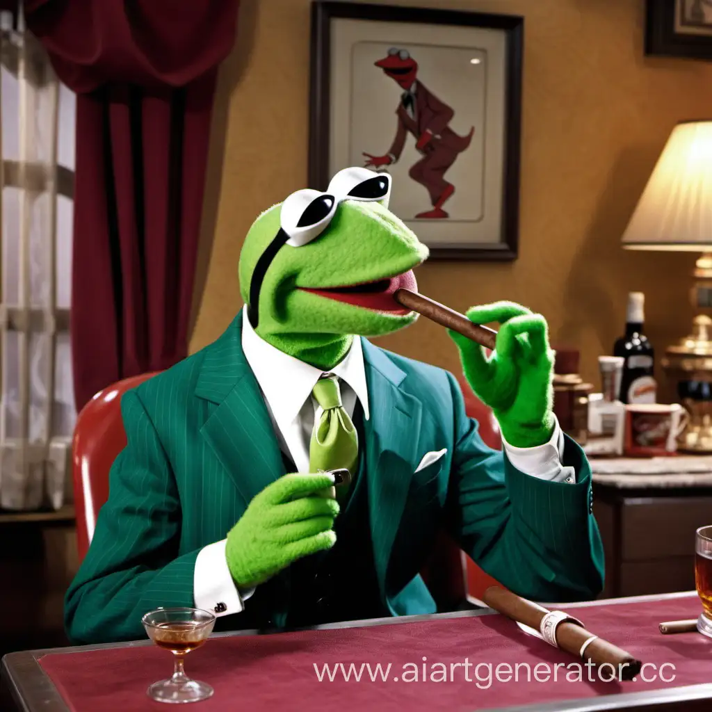 Kermit From Sessame street wearing a suit and wearing sunglasses while smoking a cigar with his mouth while holding it with his hands and sitting on a table in a nice 1950's style room with other kermits wearing suits and sunglasses and one of the kermits is drinking whiskey out of a glass
