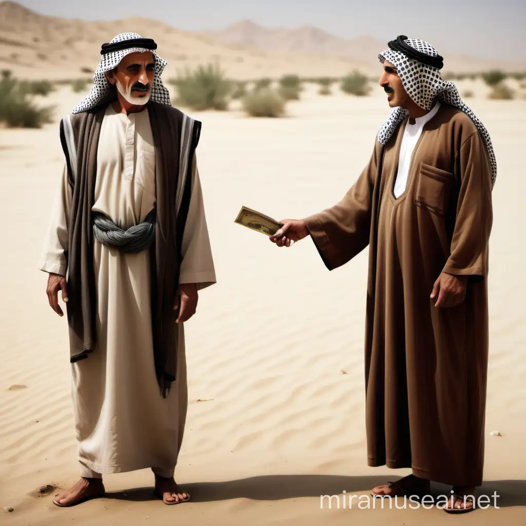 Generate an image that illustrates a transaction 
Between two brothers in the life of old arabs