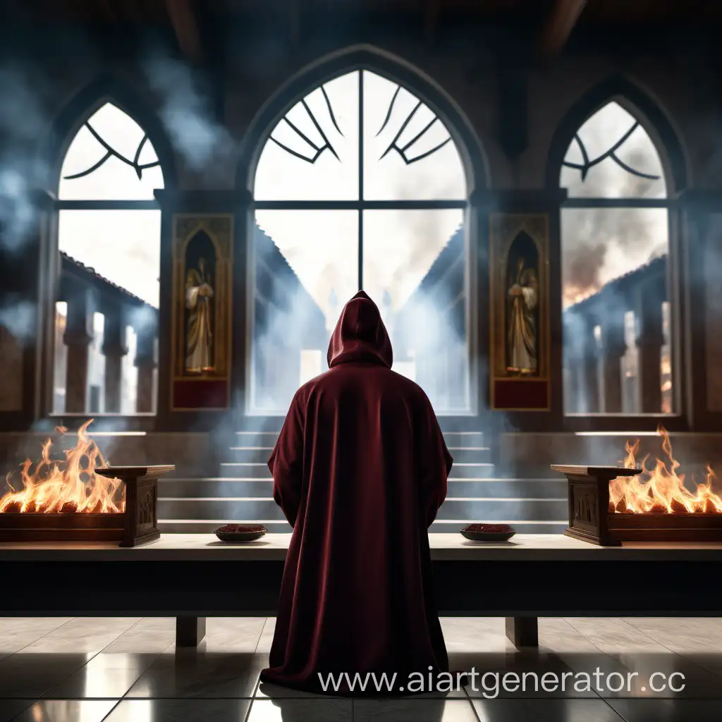 Christian priest with hoodie praying to the altar, inside a temple with multiple big windows, fires of war are visible from outside the windows, photorealistic, photo taken from behind