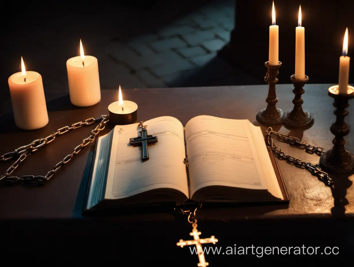 Раскрытый дневник с незаполненными листами лежит в церкви. Около него стоят зажённые свечи, освещающие комнату. Крестик на цепочке частично лежит на странице