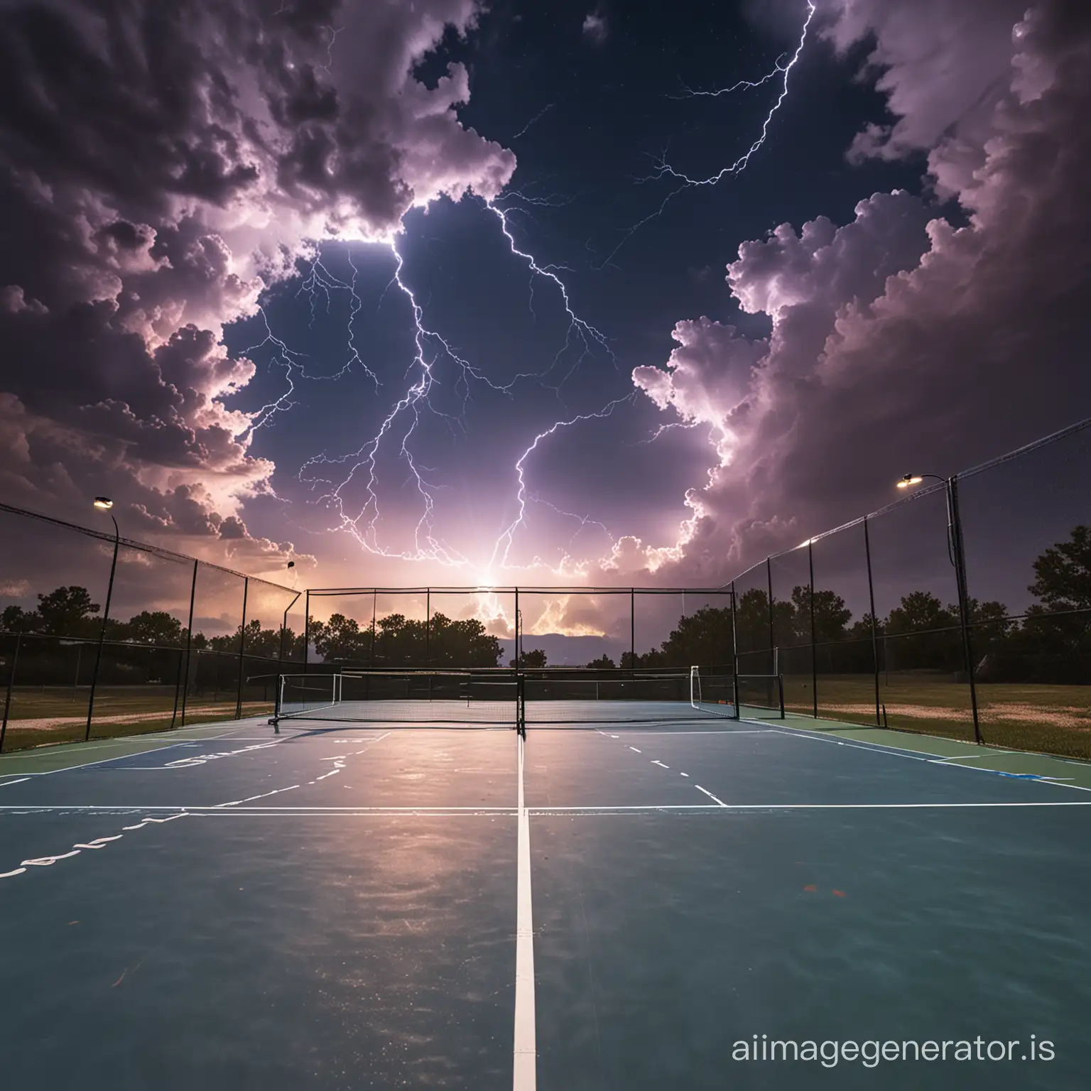 Pickleball outdoors divided sky clouds lightning