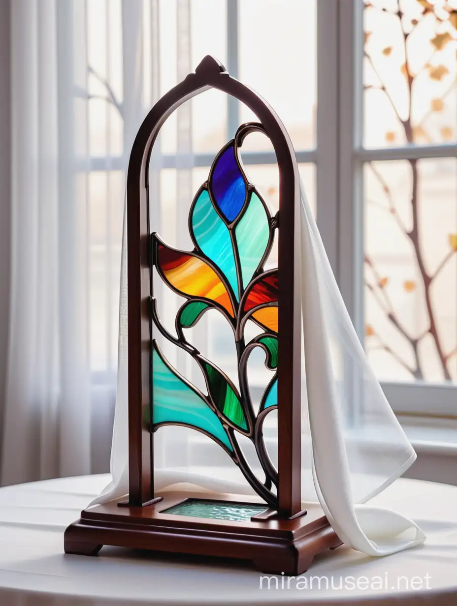 витражная салфетница в стиле
ар нуво из цветного стекла тифани стоит на столе на фоне штор из белой органзы