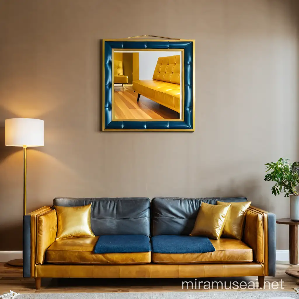 A living room with wooden floor and wooden posts in gold and brown, behind the golden leather sofa hangs a square picture, vivid, detailed, light and shadow