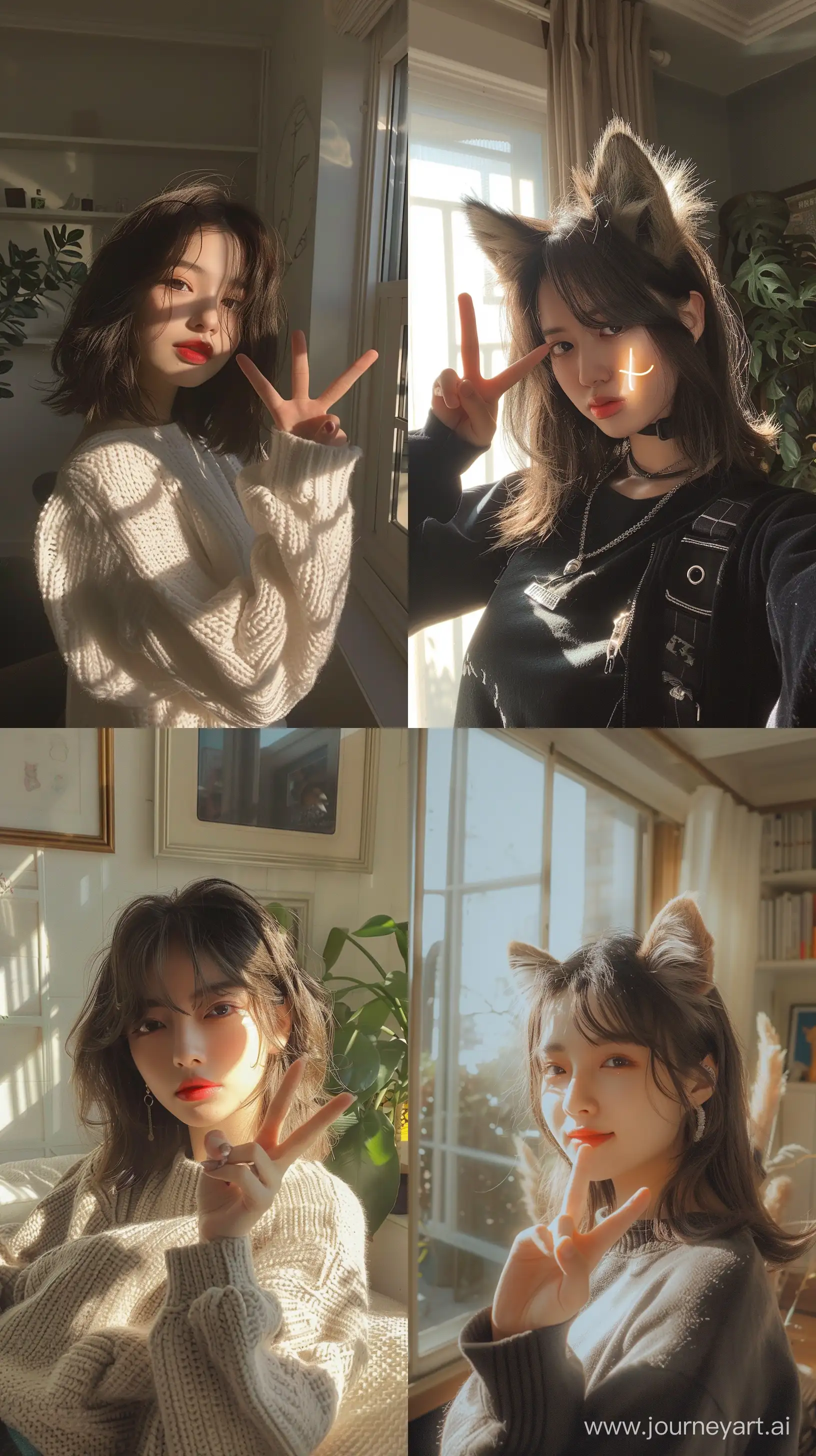 Aesthetic instagram pfp asian girl with medium hair,wolfcut hair,making peace sign in sunlit room --ar 9:16