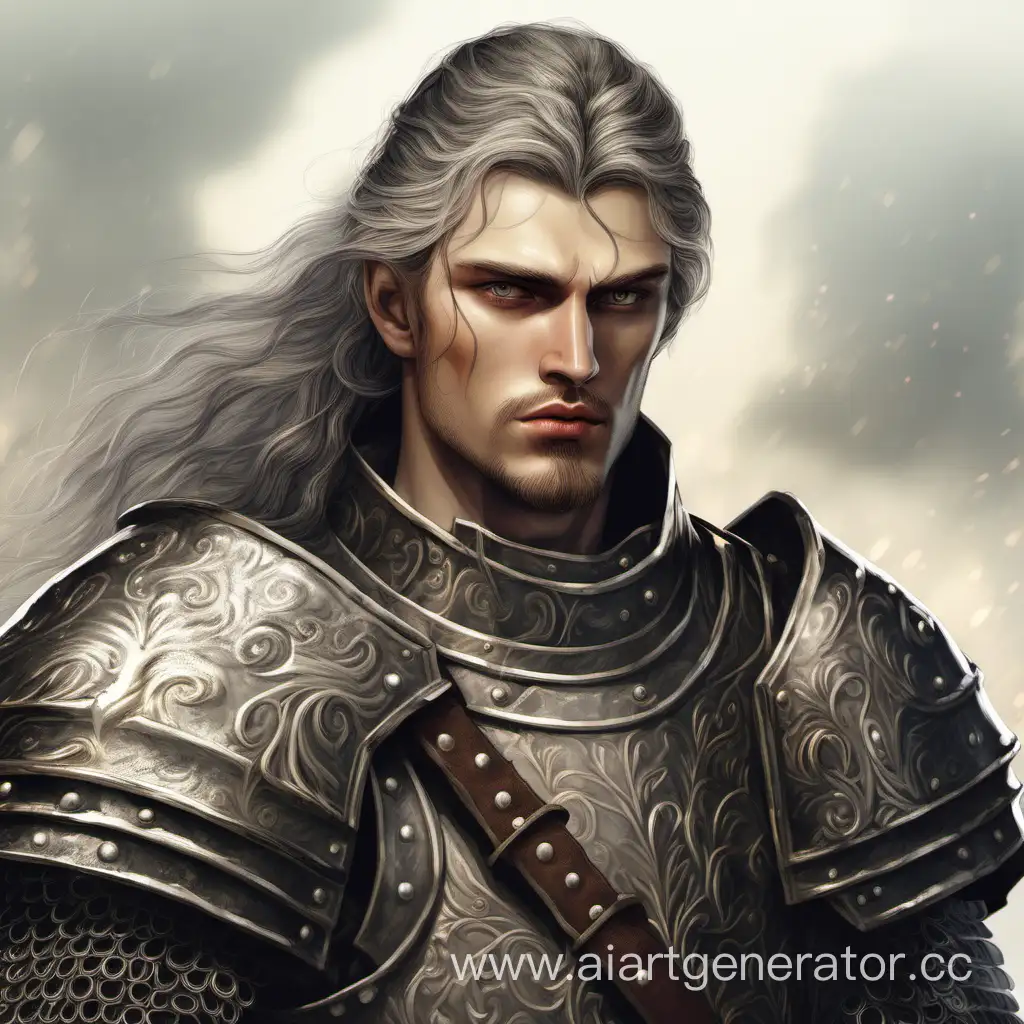 The Slavic 20 years old king, dressed in armor, wears a thick stubble, has an iron-grey hair, ready for battle

