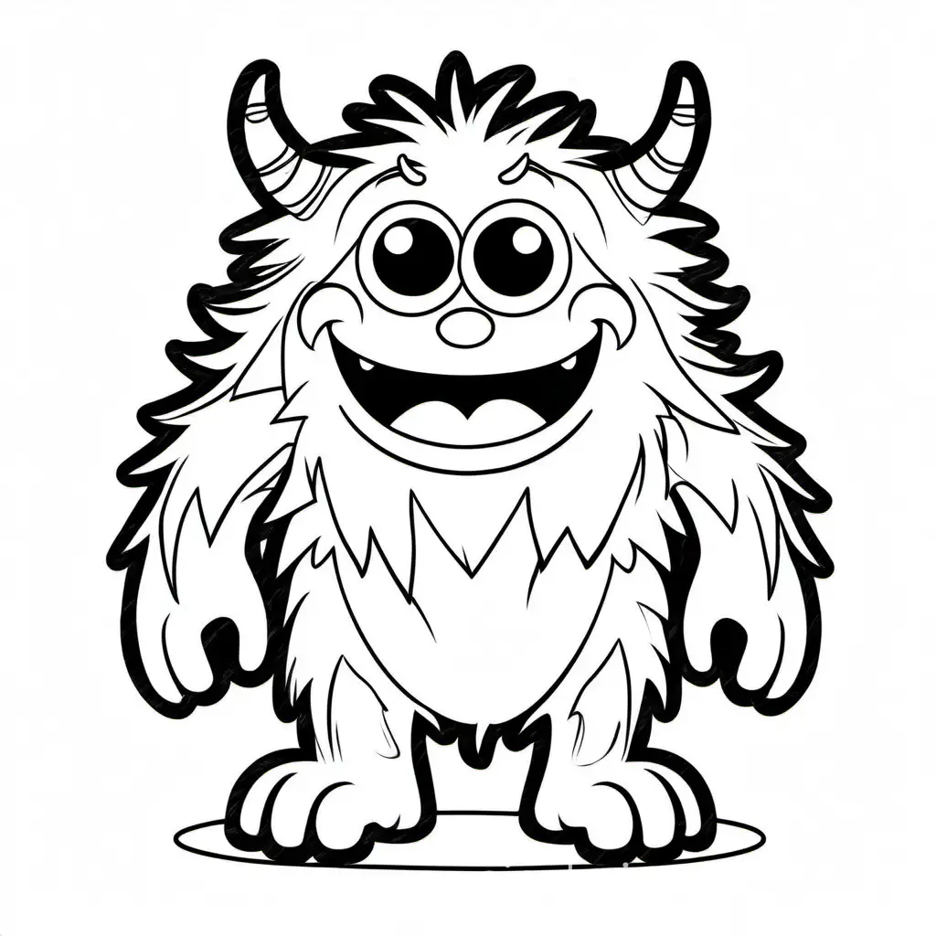 friendly monster with a fuzzy fur and goofy expressions ,bold lines with no colors, Coloring Page, black and white, line art, white background, Simplicity, Ample White Space. The background of the coloring page is plain white to make it easy for young children to color within the lines. The outlines of all the subjects are easy to distinguish, making it simple for kids to color without too much difficulty
