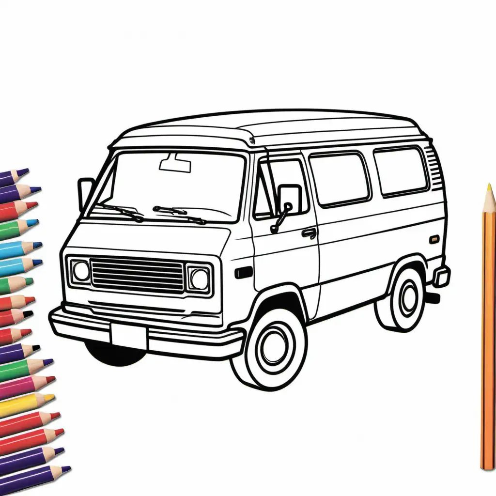 90s van, Coloring Page, black and white, line art, white background, Simplicity, Ample White Space. The background of the coloring page is plain white to make it easy for young children to color within the lines. The outlines of all the subjects are easy to distinguish, making it simple for kids to color without too much difficulty