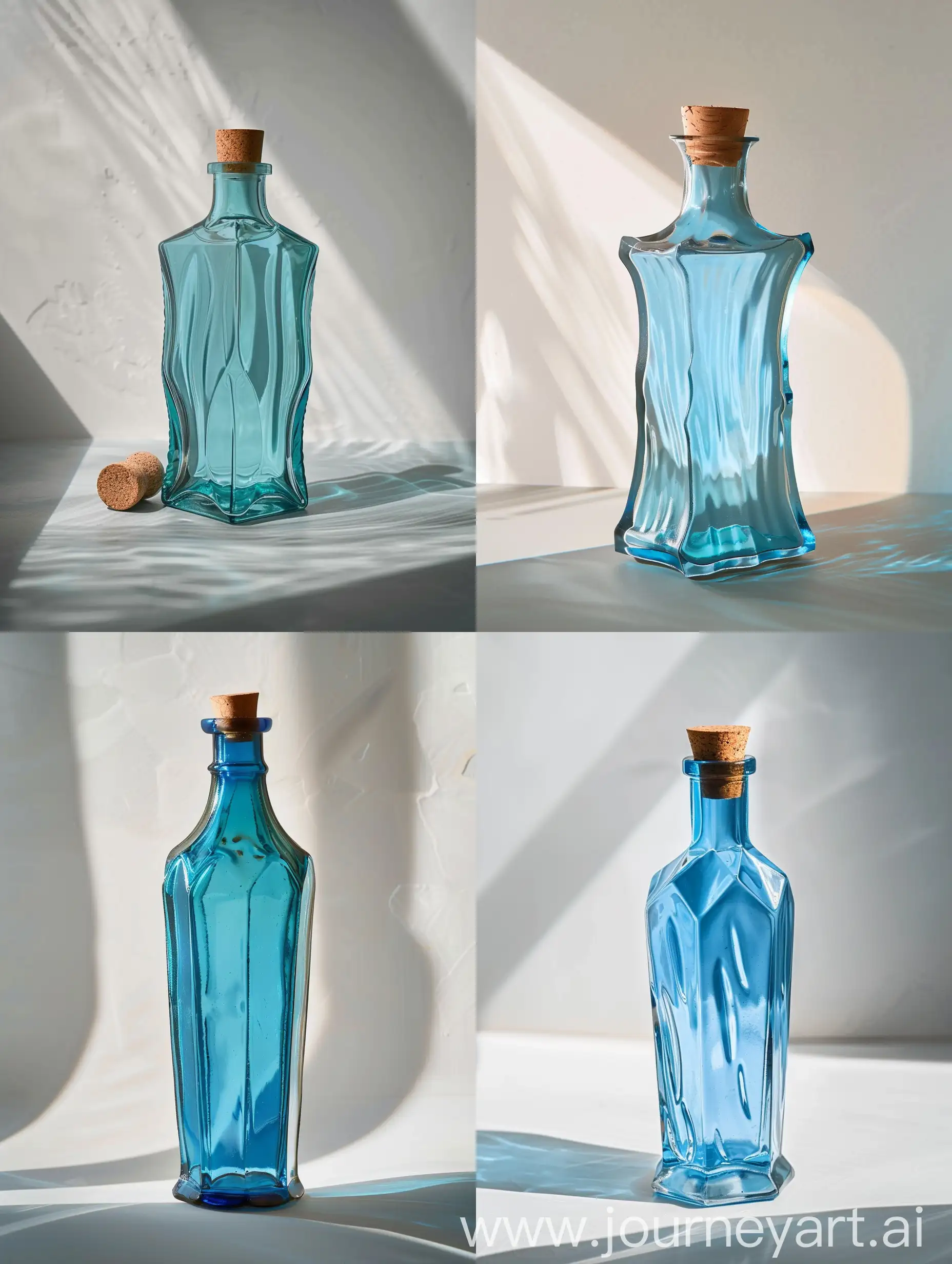 Elongated-Blue-Glass-Bottle-with-Wooden-Cork-on-Light-Gray-Background