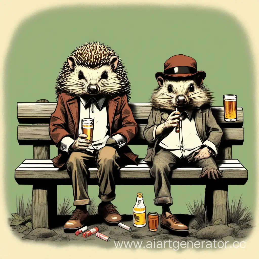 Ежик и Бобр сидят на лавке, бухают водку и пиво, на ушах сигарета, у обоих синяки под глазами