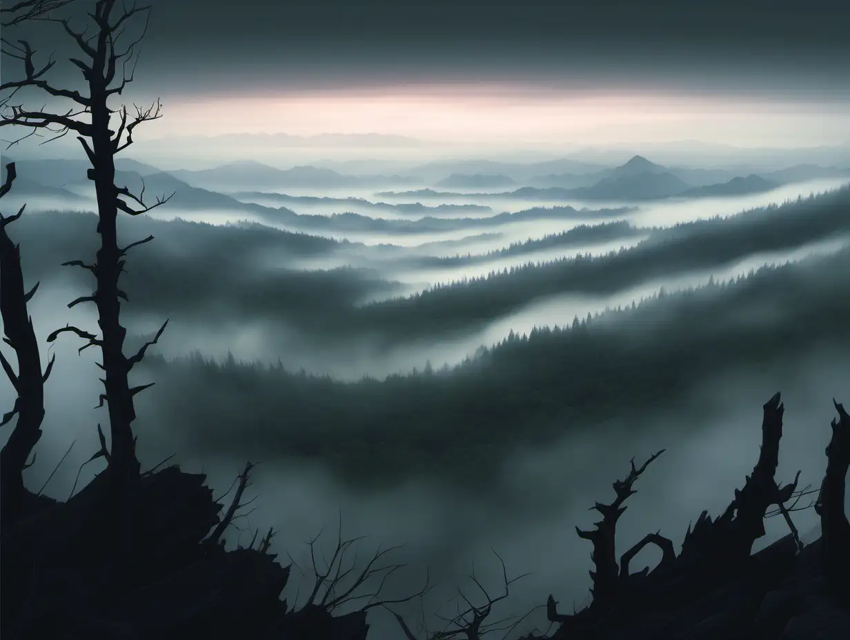 scenic view from on top of a mountain overlooking a dark twisted forest shrouded in fog, ghibli style