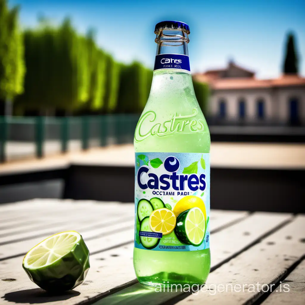 Carbonated drink "CASTRES OCCITAN PADEL" with cucumber essence: background CITY OF CASTRES, natural lighting, lemon setting, harmonious shades of green, soda bottle element, sharp focus, summery ambiance